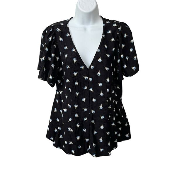 Rebecca Taylor Brigette Blouse Size 10 Hammered Silk Flutter Sleeve Black Floral - Picture 2 of 11